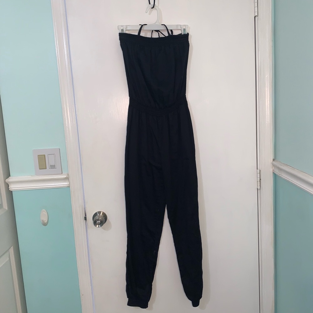 All black tie him jumpsuit with pockets